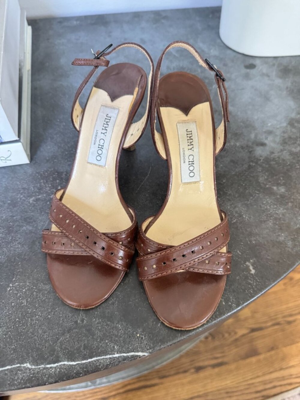 Jimmy Choo Vintage Brown Leather Strappy Slingback Kitten Heel Sandals 36